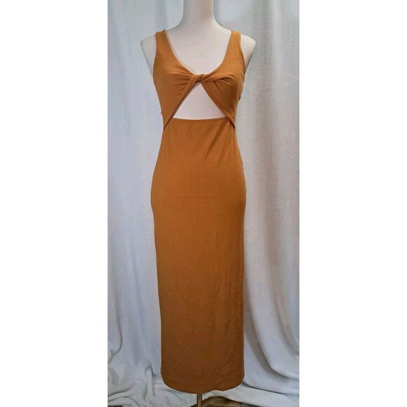 L*SPACE Scoop Neck Twist Front Rust Orange Side Slit Maxi Dress Rib Knit Size M - Picture 1 of 9